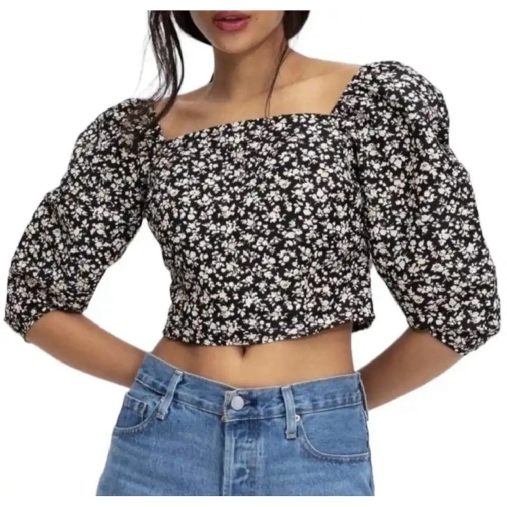 Levi’s Yvie statement blouse black and cream floral puff sleeve top